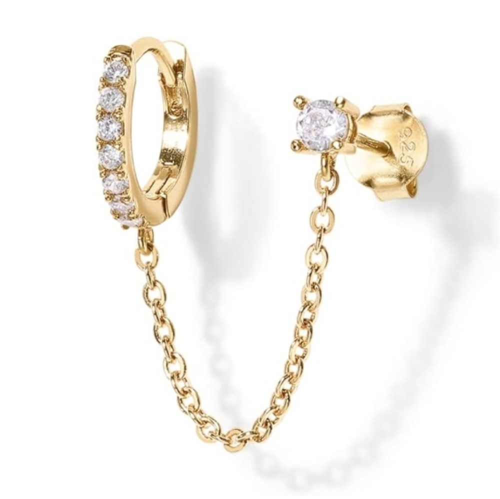14K Gold Double Piercing Dangle Chain Huggie Hoop CZ Earrings